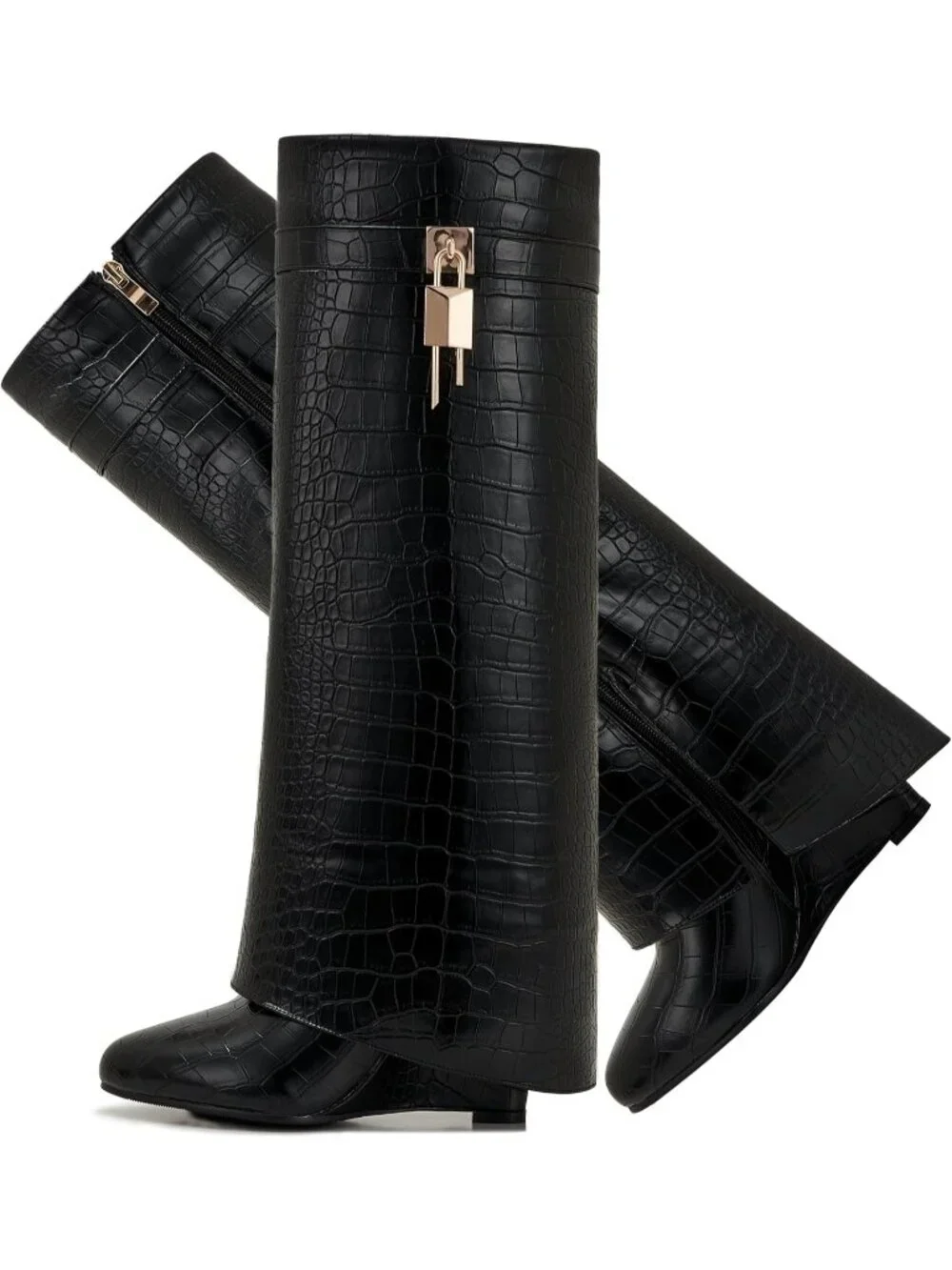 Women Black Crocodile 1 Pointed Toe Wedge Heel Side Zipper Knee High Shark Boots